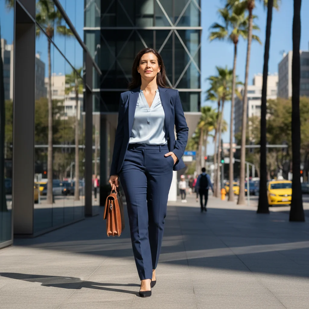 A professional adult in a business setting, symbolizing the transition of leaving a job, such as a person walking confidently out of an office building with a briefcase, representing resignation and new beginnings.