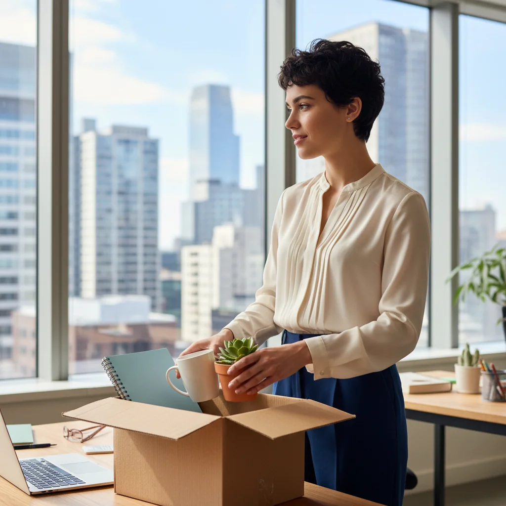 A photorealistic image of a young professional adult woman packing her belongings into a cardboard box in a modern office setting, symbolizing the preparation for resignation and leaving a job, with a sense of calm determination on her face, no documents visible, no children present.