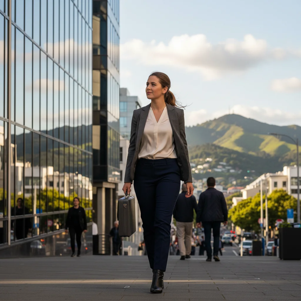 A photorealistic image of a young adult professional woman in her late 20s, with a thoughtful expression, walking confidently out of a modern office building in a New Zealand urban setting like Wellington, carrying a briefcase and looking towards a bright future, symbolizing the transition after submitting a resignation letter. The scene captures a sense of empowerment and new beginnings in a professional context, with no children present.