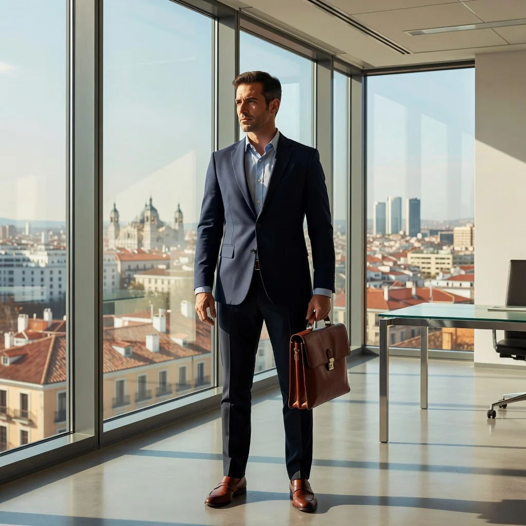 A photorealistic image of an adult professional in their mid-30s, dressed in business casual attire, standing confidently in a modern office environment with large windows overlooking a cityscape. The person is holding a briefcase in one hand and looking towards the horizon with a sense of determination and new beginnings, symbolizing the decision to resign from a job and move forward. No children are present in the image. The scene is realistic, captured as if by a high-resolution camera, with natural lighting and detailed textures.