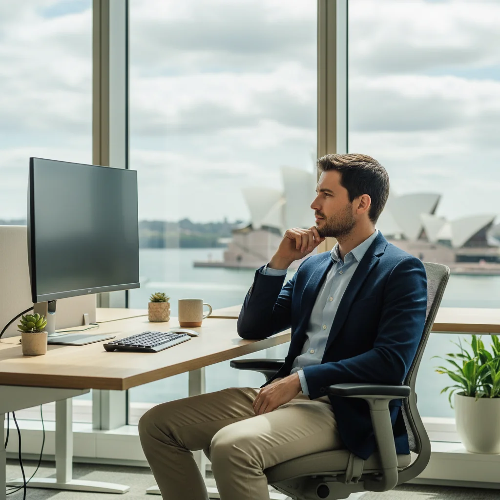 A photorealistic image depicting a professional adult employee in an office setting, looking thoughtful as they consider career changes, symbolizing the decision to resign from a job in Australia. The scene includes subtle Australian elements like a Sydney skyline view from a window, with the employee holding a coffee mug, conveying a sense of transition and empowerment.