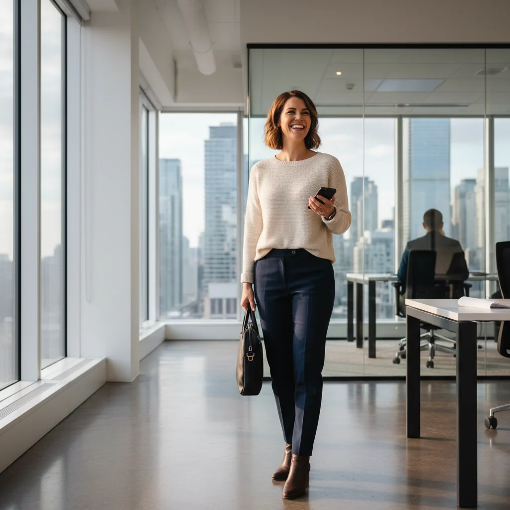 A photorealistic image of a young adult professional in a modern office setting, looking relieved and empowered as they prepare to resign, symbolizing the transition to new opportunities in Canada, with subtle Canadian elements like a maple leaf in the background, no children present.