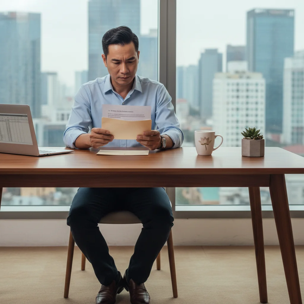 A photorealistic image of a professional adult employee in a modern office setting, thoughtfully reviewing a resignation letter on their desk, symbolizing the decision to leave a job, with no children present.