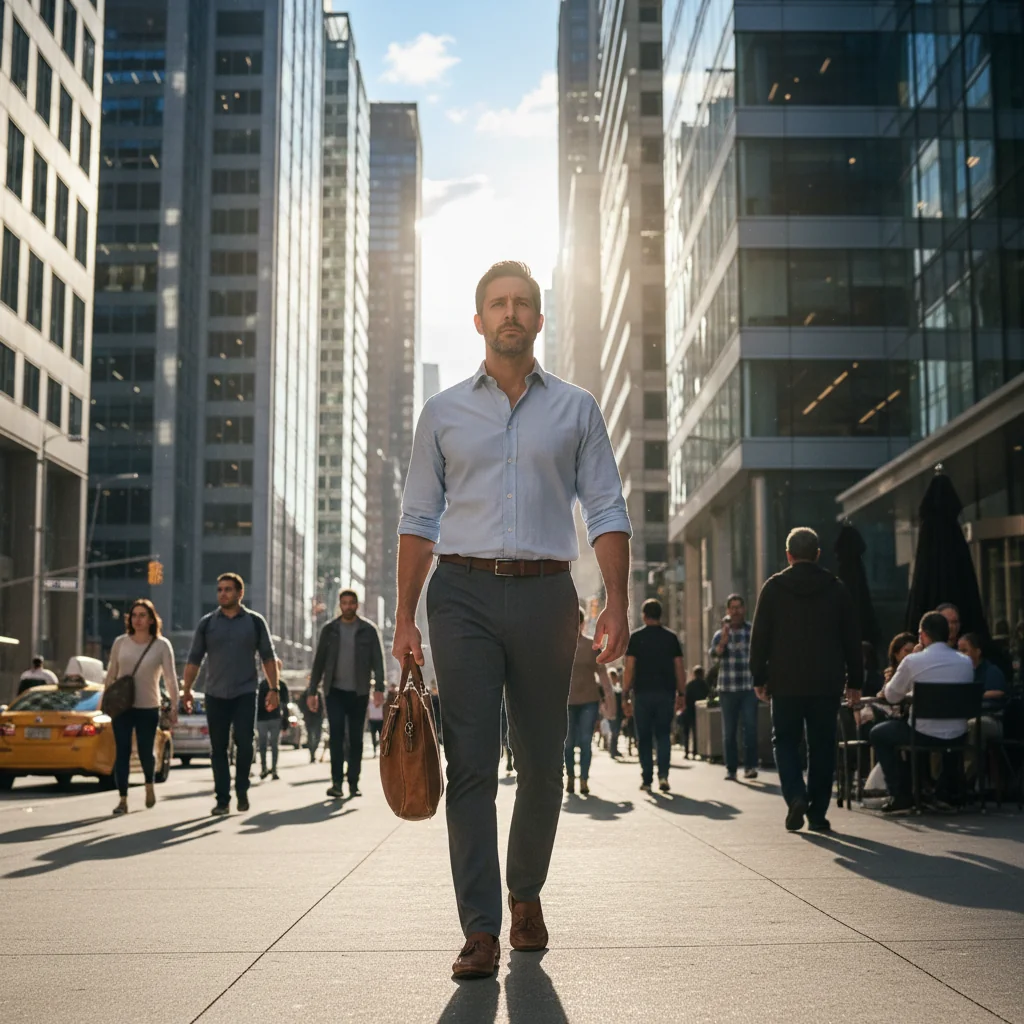 A photorealistic image of a professional adult in their late 30s, dressed in business casual attire, walking confidently away from a modern office building on a sunny day, symbolizing resignation and moving on to new opportunities, with a subtle expression of relief and determination on their face. No children or legal documents visible.