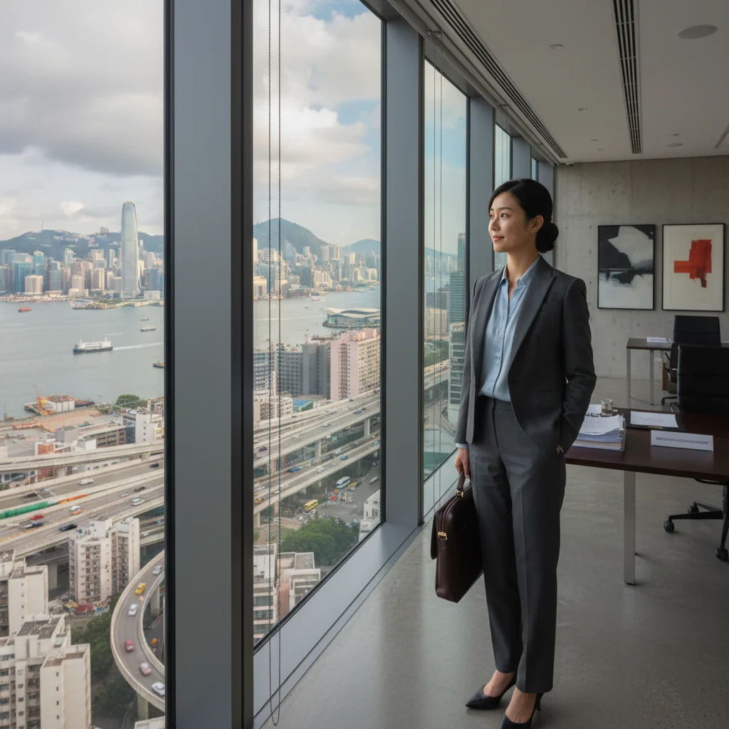 A photorealistic image depicting a professional adult in a modern Hong Kong office setting, symbolizing the transition of leaving a job. The adult is an Asian professional in business attire, standing by a window overlooking the city skyline, holding a briefcase, with a thoughtful expression, representing career change and resignation in the workplace. No children are present.