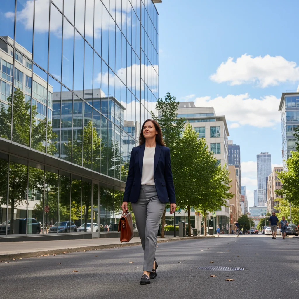 A photorealistic image of an adult professional in their mid-30s, dressed in business casual attire, walking confidently away from a modern office building on a sunny day, symbolizing the transition to new opportunities after resigning from a job. The person carries a briefcase and smiles slightly, with a cityscape in the background. No children are present in the image.