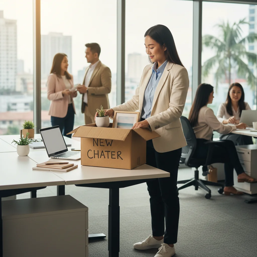A photorealistic image of a professional adult Filipino employee in a modern office setting, looking thoughtful while packing personal items into a box, symbolizing the transition of resignation and moving on to new opportunities, with a subtle expression of determination and positivity on their face.