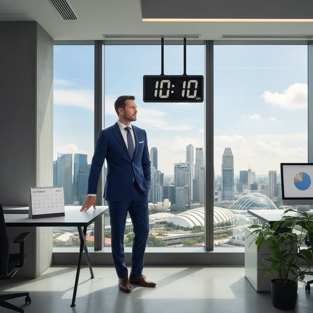 A photorealistic image of a professional adult employee in a modern Singapore office, looking thoughtful while holding a briefcase, symbolizing the decision to resign from a job, with subtle hints of relief and new beginnings like a city skyline view through the window.