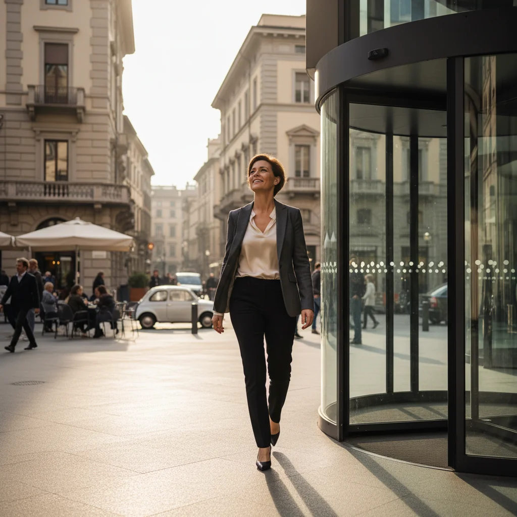 A photorealistic image of a professional adult in their mid-30s, dressed in business casual attire, walking confidently out of a modern office building in an Italian city setting during a sunny day, symbolizing the act of resigning from a job and moving on to new opportunities. The background includes typical Italian urban elements like cobblestone streets and historic architecture, but no text or documents are visible. No children are present in the image.