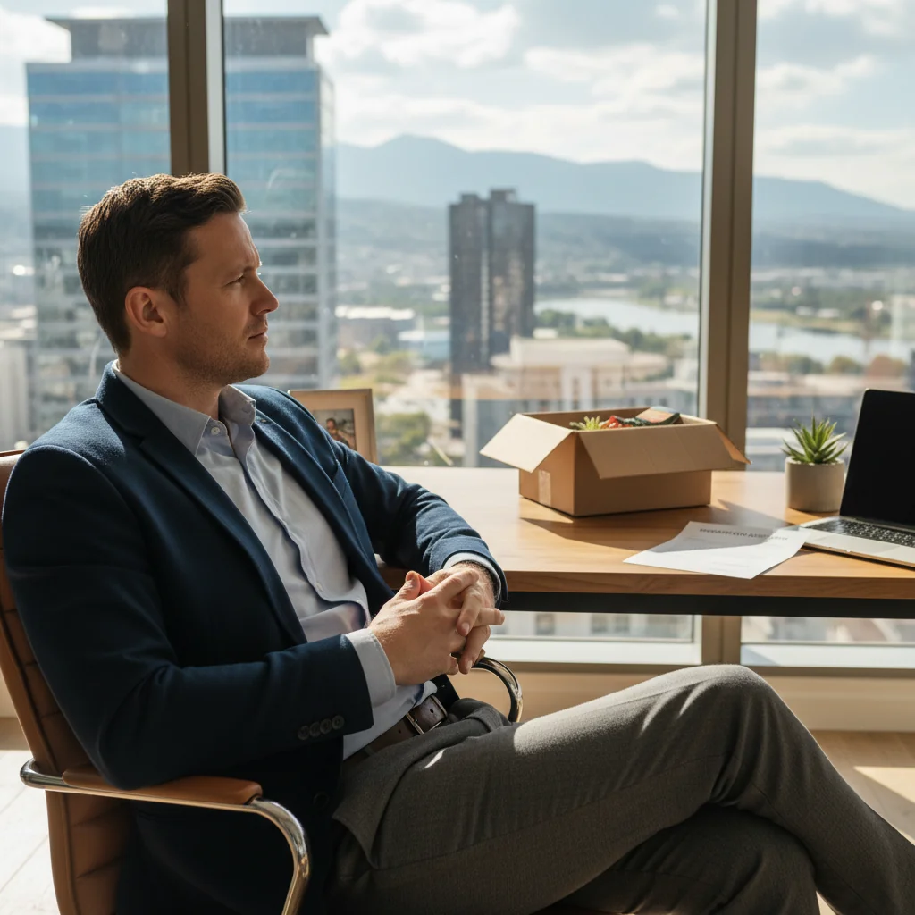 A photorealistic image of a professional South African adult employee in a modern office setting, looking contemplative while holding a resignation letter, symbolizing the decision to leave a job. The scene conveys a sense of empowerment and transition in a career change, with warm lighting and diverse representation typical of South Africa. No children are present in the image.