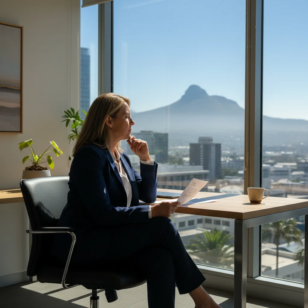 A photorealistic image of a professional adult employee in a modern South African office setting, looking thoughtful while preparing to resign, symbolizing the transition from job resignation, with elements like a cityscape view of Johannesburg in the background to represent South Africa, no children present.