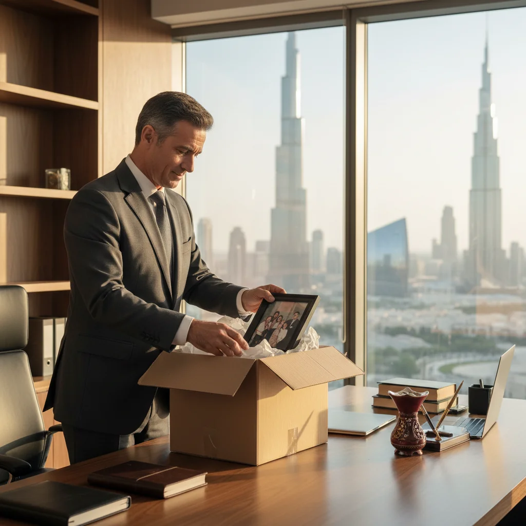 A photorealistic image of an adult professional in the UAE, packing personal items from their office desk in a modern Dubai workplace, symbolizing the moment of resignation and transition to a new chapter, with subtle Emirati elements like a city skyline view, no children or documents visible.