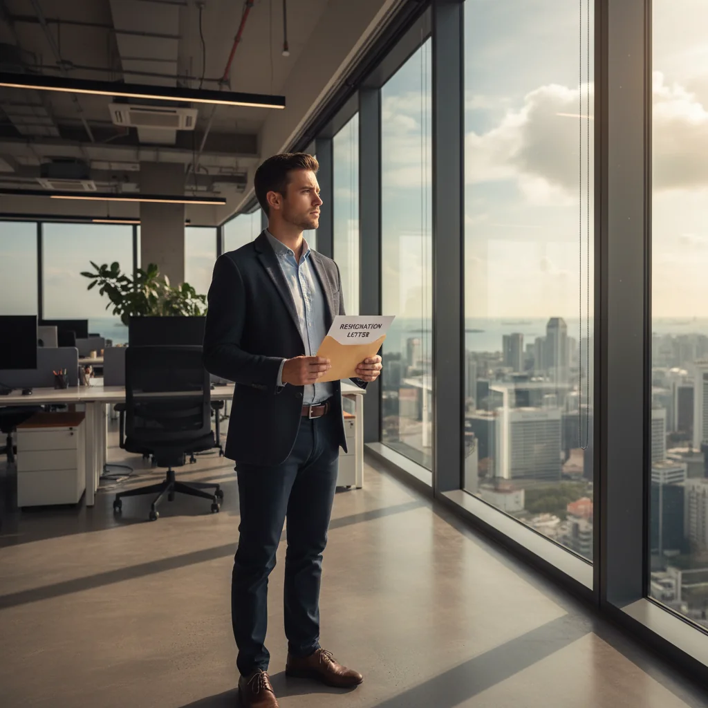 A photorealistic image of a professional adult in a modern Singapore office, looking thoughtful while holding a resignation letter, symbolizing the decision to resign from a job. The scene captures the essence of employment transition in a corporate setting, with no children present.