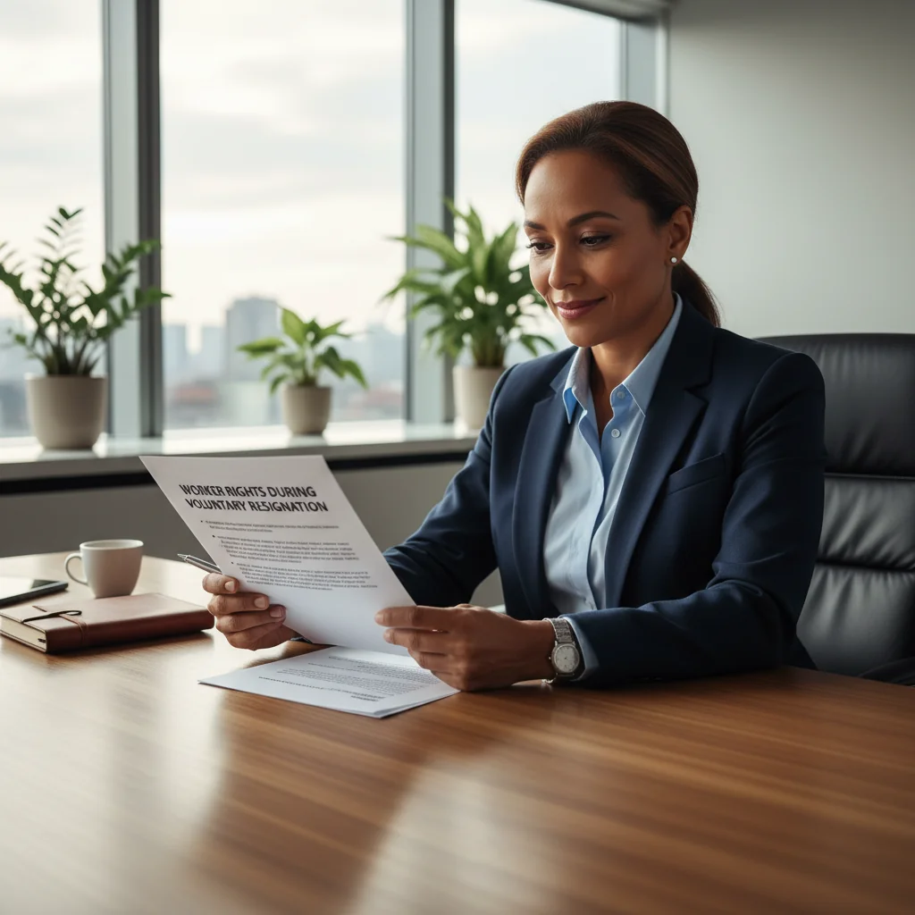 A photorealistic image of an adult professional employee in a modern office setting, looking thoughtful while reviewing important paperwork related to voluntary resignation rights, conveying empowerment and informed decision-making during job transition. No children present.