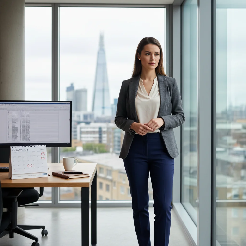 A photorealistic image of a professional adult employee in a modern office setting, looking thoughtful while holding a resignation letter, symbolizing the decision to resign from a job in the UK, with subtle UK elements like a Union Jack flag in the background, no children present, highly detailed and realistic photography style.
