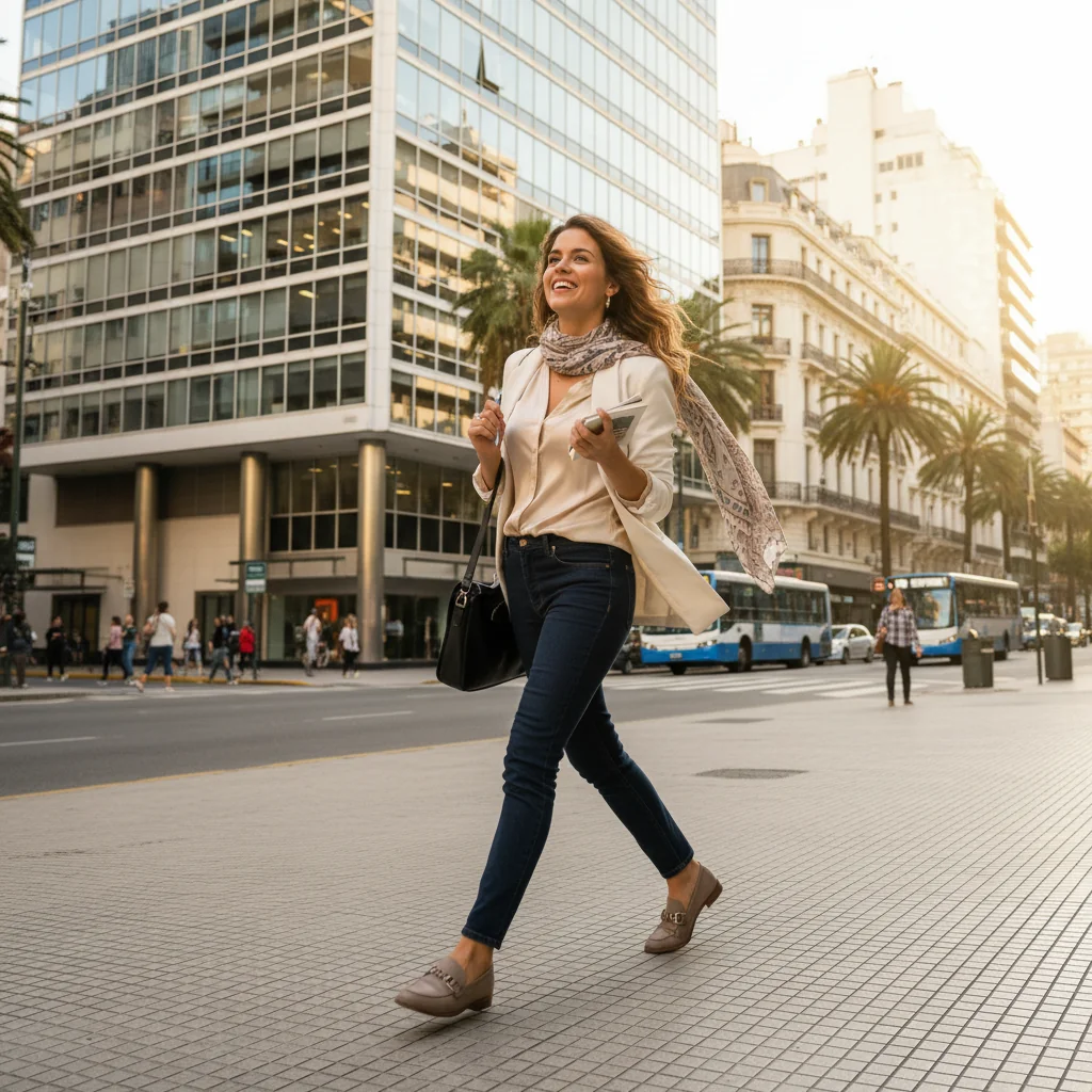 A photorealistic image depicting a professional adult in their late 20s or early 30s, dressed in business casual attire, walking confidently away from a modern office building in an Argentine city setting like Buenos Aires, symbolizing resignation and new beginnings, with a sense of liberation and determination on their face, no children or documents visible.