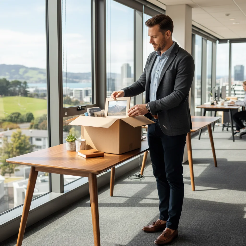 A photorealistic image of an adult professional employee in a modern New Zealand office environment, looking thoughtful while packing personal items into a box, symbolizing the transition of resignation and moving on to new opportunities, with subtle Kiwi elements like a view of Auckland skyline in the background. No children present.