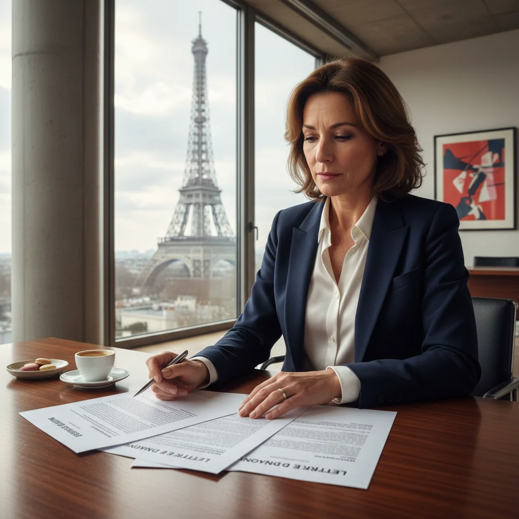 A photorealistic image of an adult professional in a modern office setting, thoughtfully reviewing employment documents on a desk, symbolizing rights and obligations during resignation in France, with subtle French elements like a window view of Paris skyline, no children present.