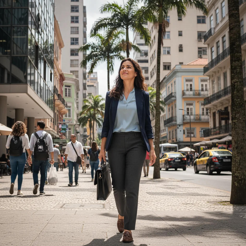 A photorealistic image symbolizing resignation and new beginnings in a professional context in Brazil. It depicts an adult professional woman in her 30s, dressed in business casual attire, walking confidently away from a modern office building towards a vibrant city street in São Paulo, with a subtle smile on her face indicating empowerment and relief. The background includes Brazilian urban elements like palm trees and colorful architecture, under a clear blue sky. No children are present in the image. The style is strictly photorealistic, like a high-resolution photograph taken with a professional camera, no graphics, illustrations, or drawings.