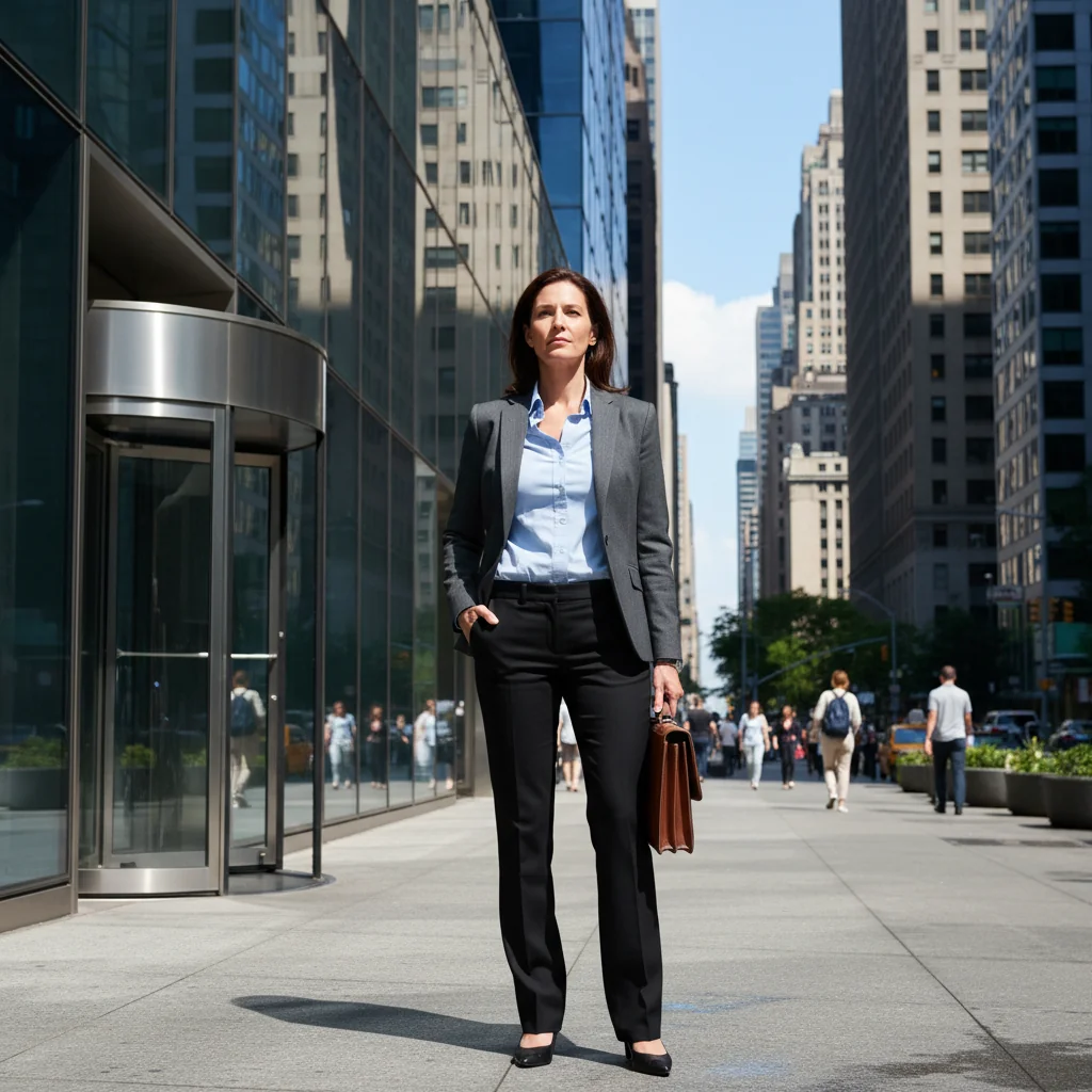 A photorealistic image of a professional adult in their mid-30s, dressed in business casual attire, standing confidently at the entrance of a modern office building with a determined expression on their face, symbolizing the decision to resign and move on to new opportunities. The background shows a bustling city street during daytime, emphasizing career transition without focusing on any documents.