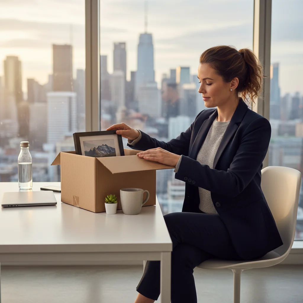 A photorealistic image of a professional adult employee in a modern office setting, thoughtfully preparing to resign by organizing their desk and looking towards a new opportunity, symbolizing the transition from a job without focusing on any document.
