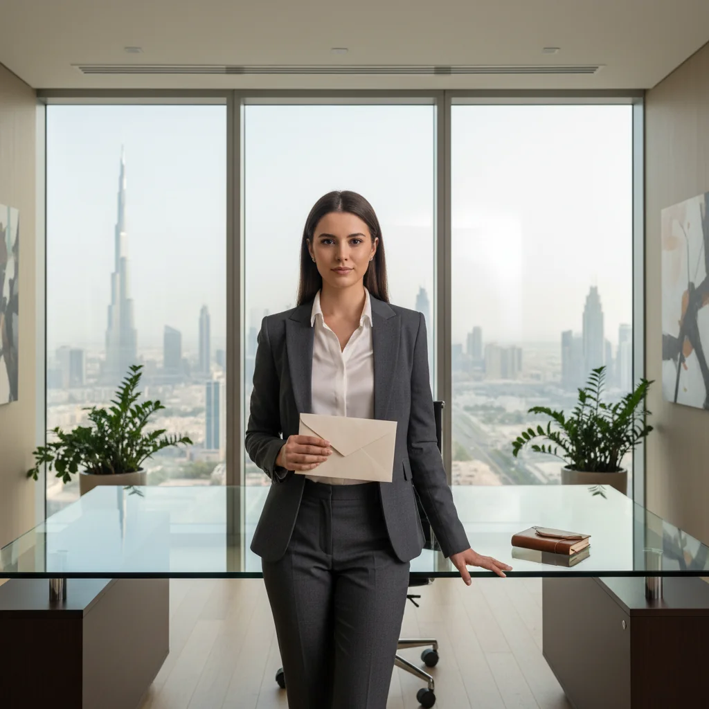 A photorealistic image of a professional adult employee in a modern Dubai office setting, looking thoughtful while preparing to submit a resignation notice, symbolizing the legal procedures for resignation in Dubai. The scene captures the essence of career transition without focusing on documents.