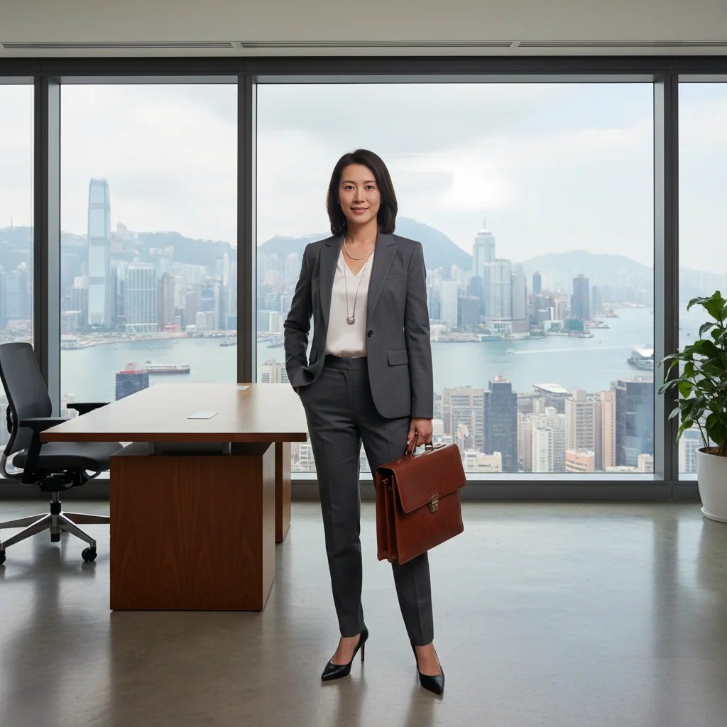 A photorealistic image of a professional adult in their mid-30s, standing confidently in a modern Hong Kong office environment with city skyline visible through large windows, symbolizing a career transition or resignation decision. The person is dressed in business attire, holding a briefcase, with a determined expression, evoking empowerment and new beginnings related to submitting a resignation letter. No children are present in the image.