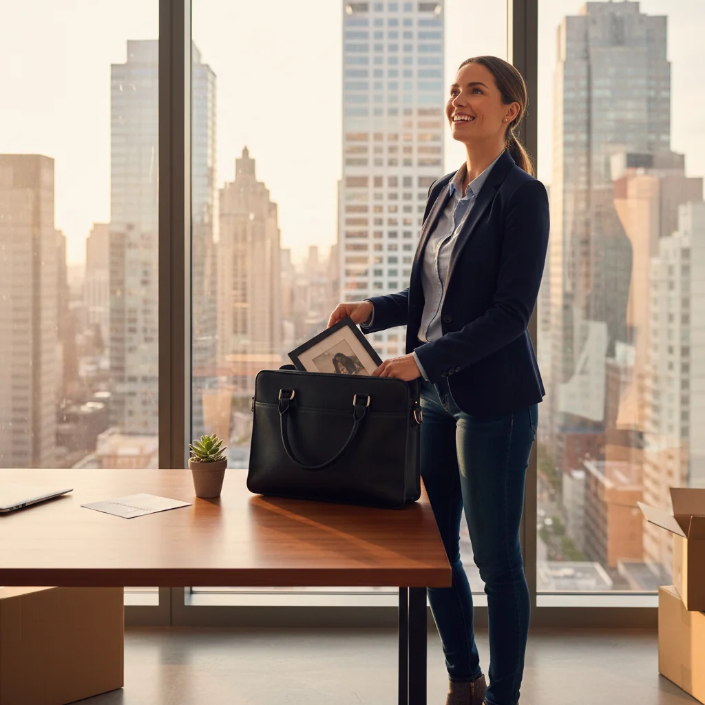 A photorealistic image of a young adult professional in a modern office setting, looking relieved and empowered as they decide to resign from their job, symbolizing freedom and new beginnings without showing any documents.