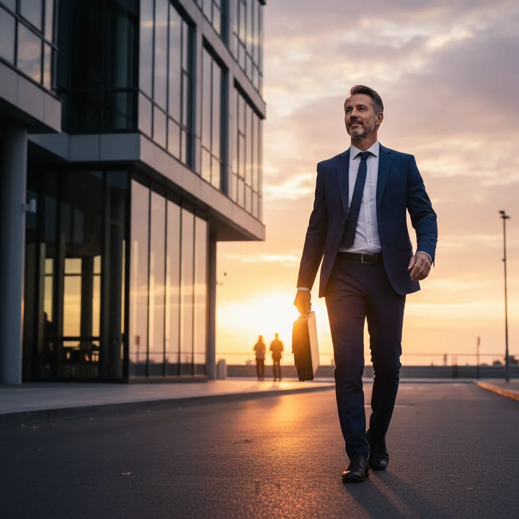 A photorealistic image symbolizing resignation from a job, showing an adult professional walking away from an office building towards a new horizon at sunset, representing freedom and new beginnings, with no children or documents visible.