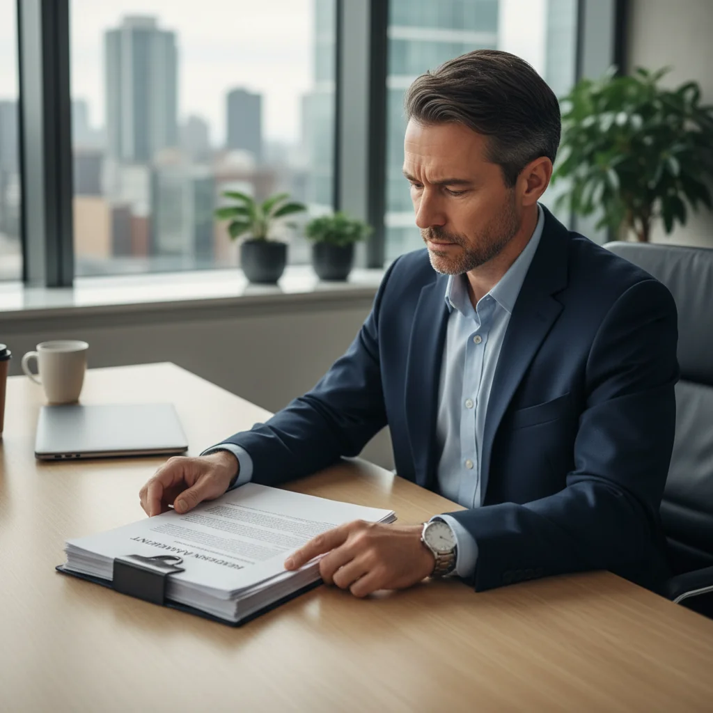 A photorealistic image of a stressed adult professional in an office setting, carefully reviewing paperwork related to employment termination, symbolizing the importance of avoiding mistakes in resignation letters.