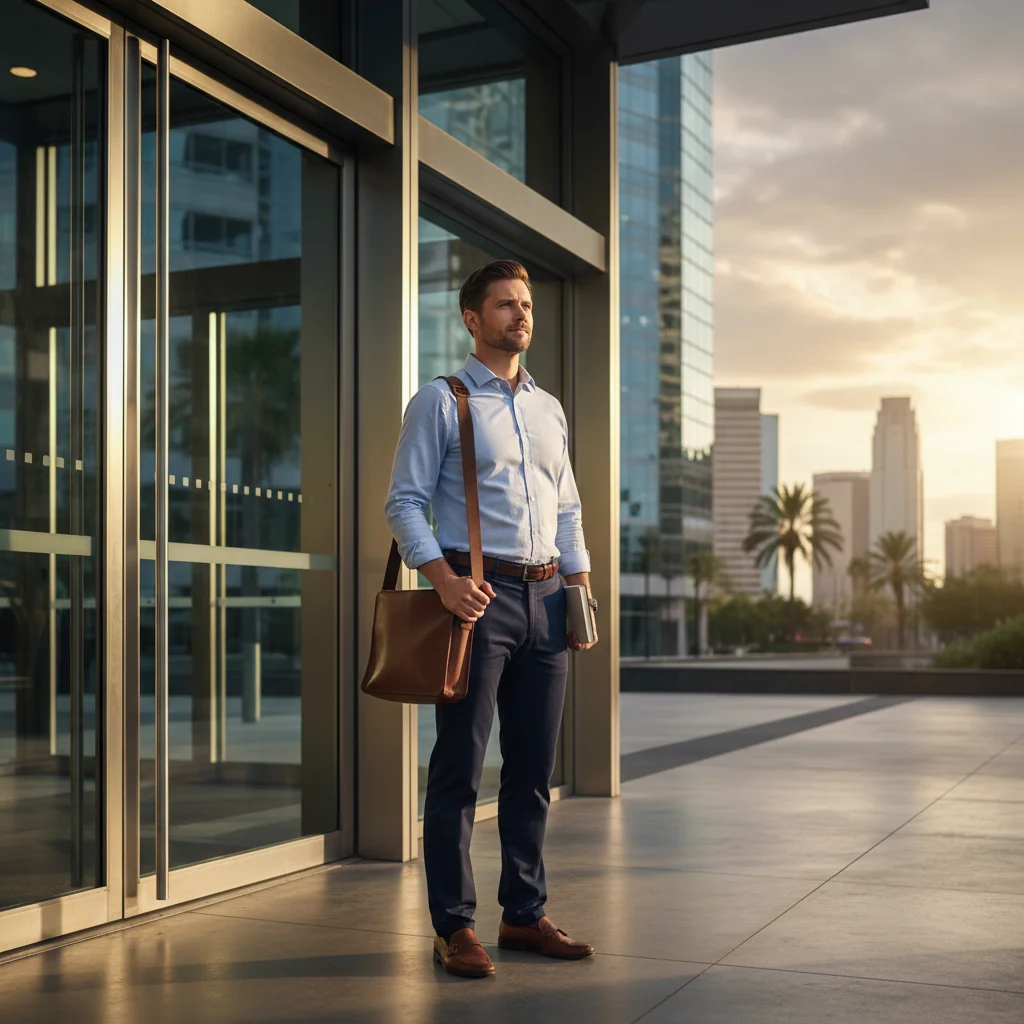 A photorealistic image of a professional adult in their mid-30s, dressed in business casual attire, standing confidently at the entrance of a modern office building during a clear daytime, symbolizing the transition and decision-making involved in resigning from a job, with no legal documents visible, no children present, and a sense of empowerment and new beginnings.