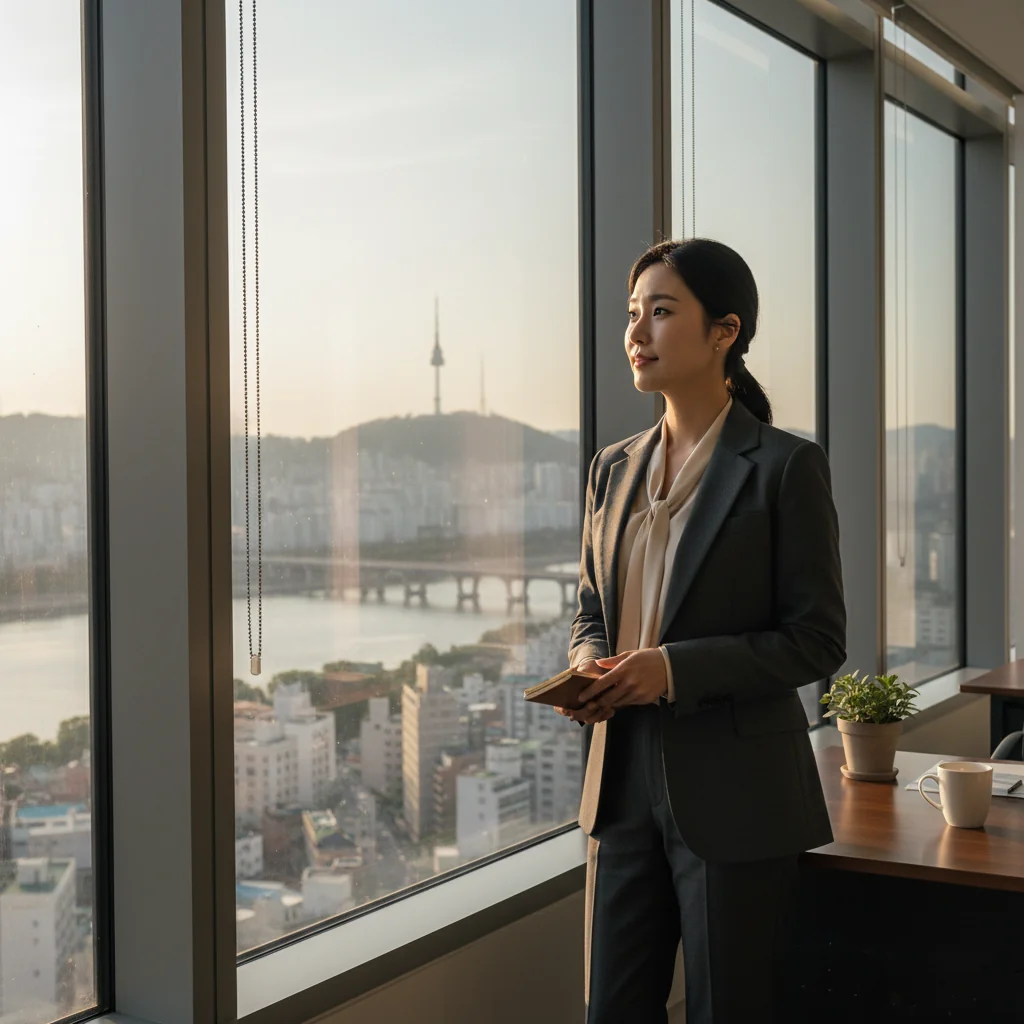 A photorealistic image depicting a professional adult employee in a modern Korean office environment, looking thoughtful while preparing to transition careers, symbolizing the concept of resignation without showing any documents.