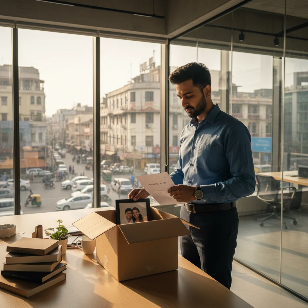 A photorealistic image of a young adult professional in an office setting, looking thoughtful while packing personal items into a box, symbolizing the decision to leave a job in India. The background shows a modern Indian workplace with subtle cultural elements like a window view of an Indian cityscape. No children are present in the image.
