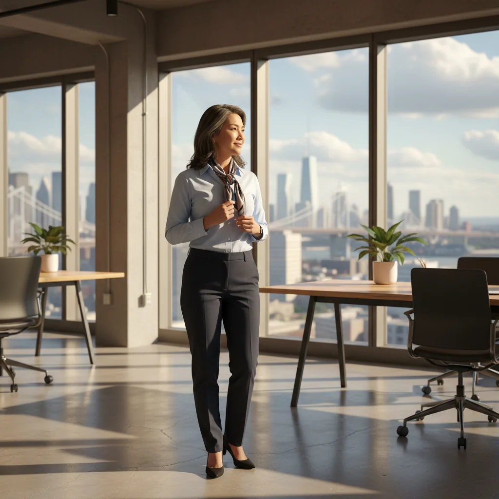 A photorealistic image of a professional adult in their mid-30s, dressed in business casual attire, standing confidently in a modern office environment with a city skyline visible through large windows, symbolizing a positive transition or new beginning after resigning from a job. The person has a calm and empowered expression, holding a briefcase, with no children or documents visible.