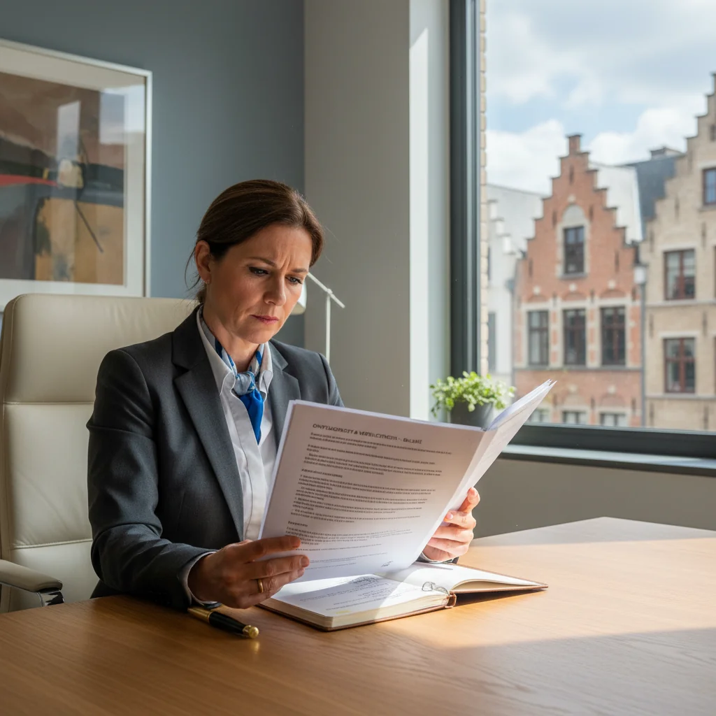 A photorealistic image depicting a professional adult employee in a modern Belgian office setting, thoughtfully reviewing employment rights documents on a desk, symbolizing resignation rights and obligations in Belgium. The scene conveys a sense of empowerment and decision-making, with subtle Belgian elements like a flag or Brussels skyline in the background. No children are present in the image.