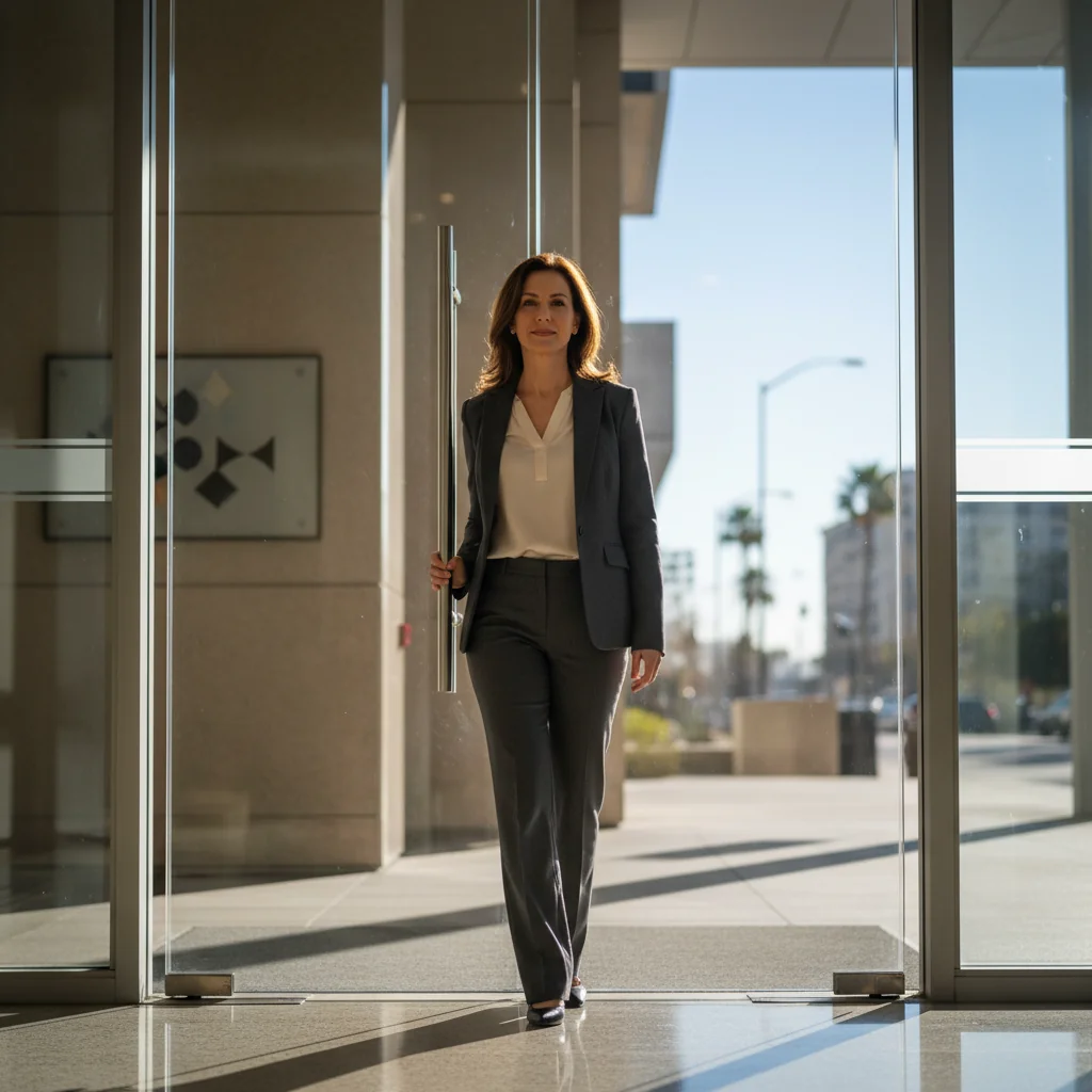 A photorealistic image of an adult professional in their mid-30s, dressed in business attire, standing confidently at the entrance of a modern office building during a clear day, symbolizing the moment of deciding to resign from a job and embark on a new chapter, with a subtle expression of determination and relief on their face, no children or legal documents visible.