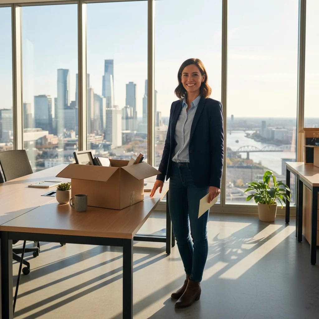A photorealistic image of a professional adult in a modern office setting, looking relieved and empowered as they prepare to hand in their resignation letter, symbolizing the decision to quit a job, with subtle elements like a packed box on the desk and a door leading to new opportunities in the background. No children or legal documents visible.