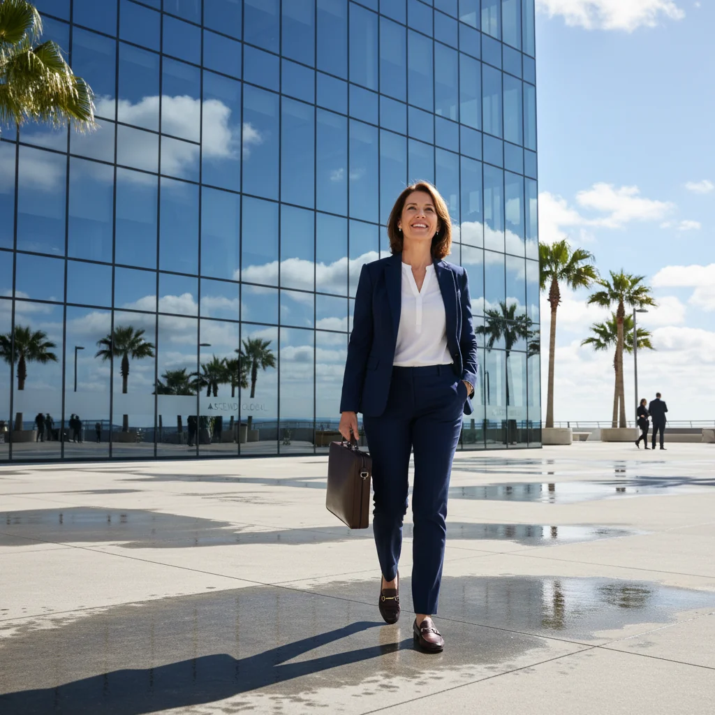A photorealistic image of a determined adult professional walking away from a modern office building, symbolizing the decision to terminate employment, with a confident expression and briefcase in hand, no children or text visible.