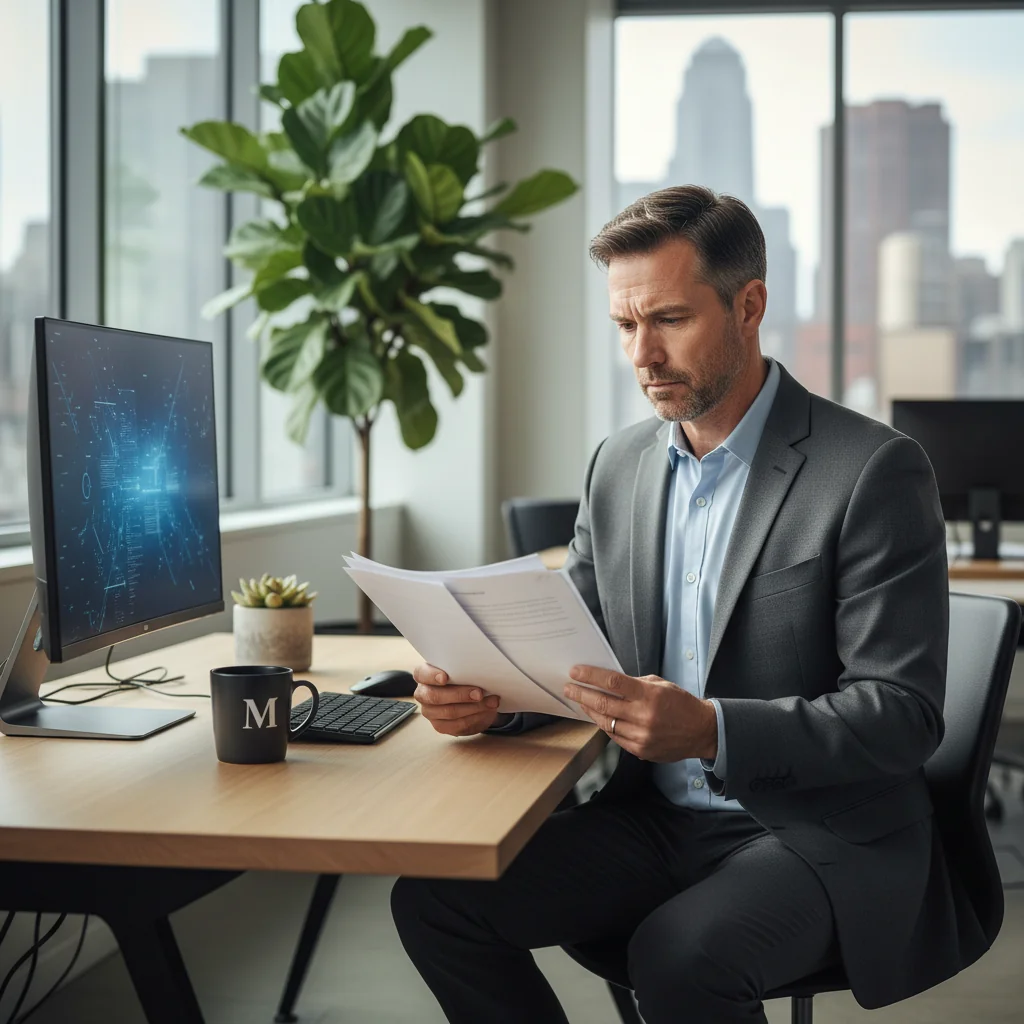 A photorealistic image of an adult professional in a modern office setting, looking thoughtful while reviewing legal documents related to employment termination, symbolizing legal advice on ending work relationships. No children present.