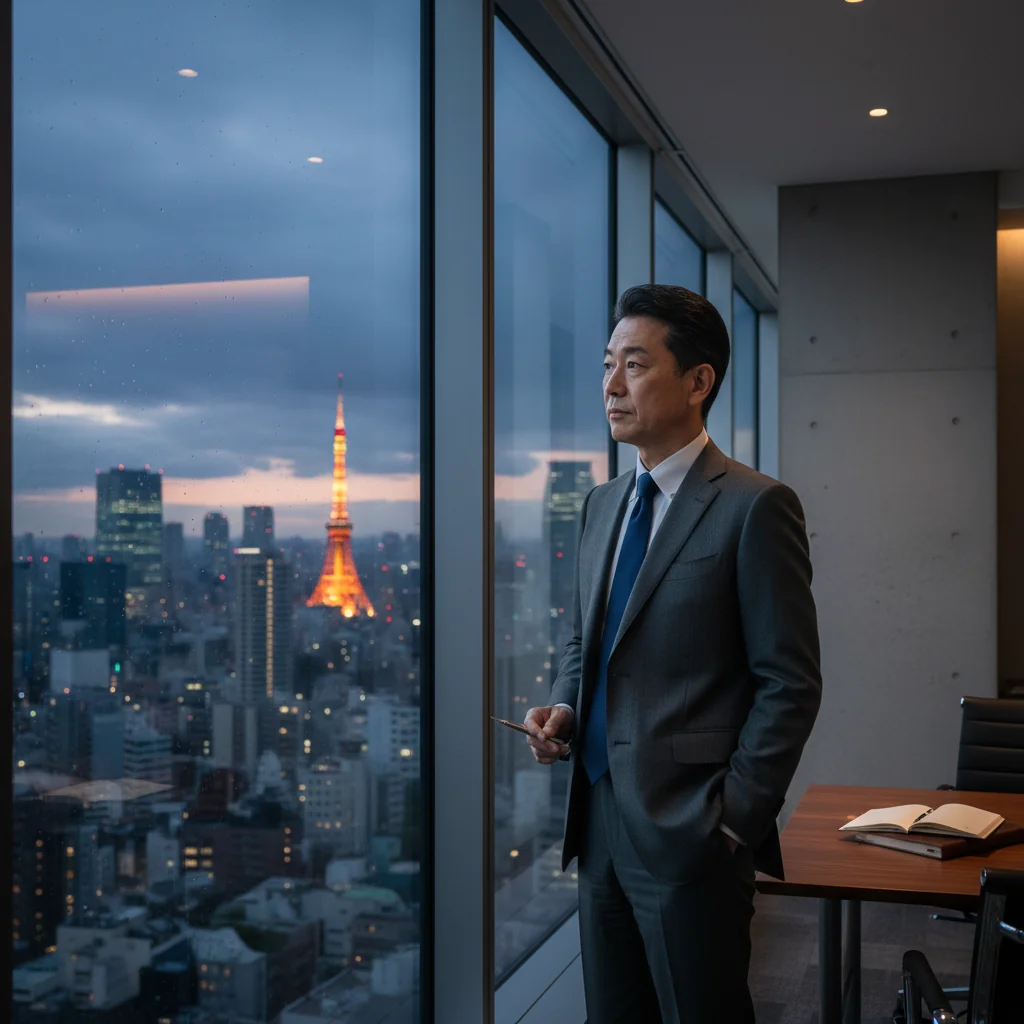A photorealistic image of a professional Japanese office worker in business attire, standing thoughtfully in a modern Tokyo office environment with city skyline visible through large windows, symbolizing the moment of deciding to resign from a job, conveying a sense of calm determination and career transition, no children present.