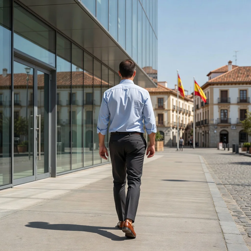 A photorealistic image depicting an adult professional in their mid-30s, dressed in business casual attire, walking confidently away from a modern office building on a sunny day in Spain, symbolizing resignation and new beginnings, with subtle Spanish urban elements like a flag or architecture in the background. No children are present in the scene.