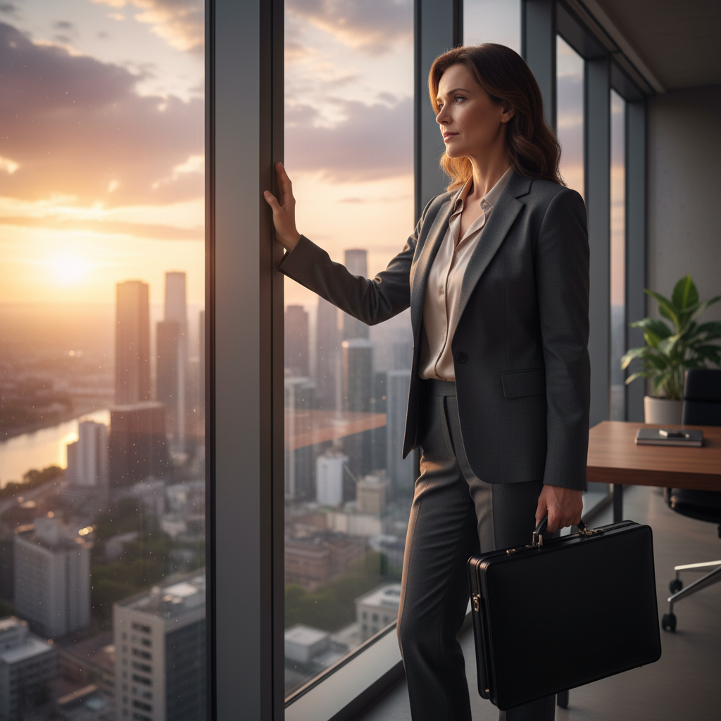 A photorealistic image of a professional adult employee in an office setting, looking contemplative while holding a briefcase, symbolizing the decision to resign from a job, with a subtle background of a city skyline at dusk to evoke a sense of transition and new beginnings. No children are present in the image.