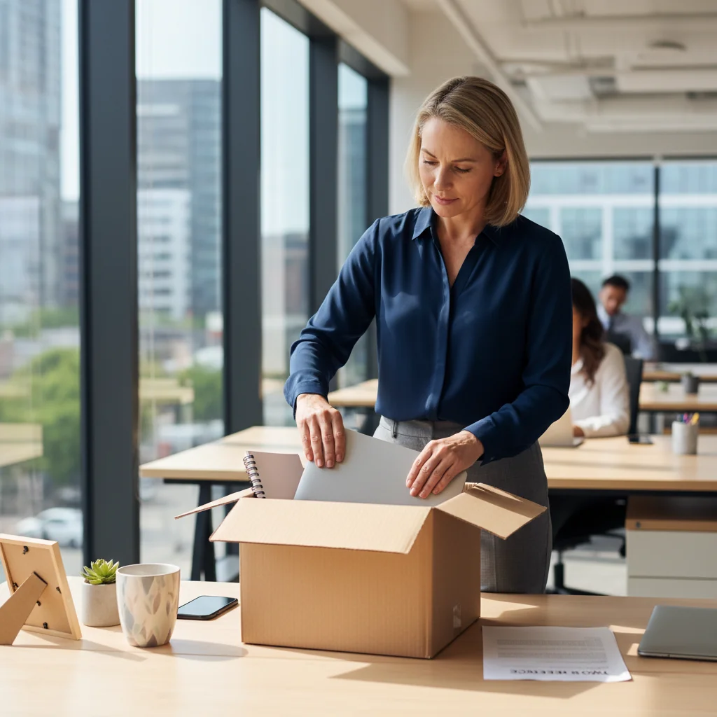 A photorealistic image of an adult employee in a professional office setting, packing personal belongings into a box as they prepare to leave their job voluntarily, symbolizing the end of employment on their own terms. The scene conveys a sense of calm decision-making and transition, with no legal documents visible.