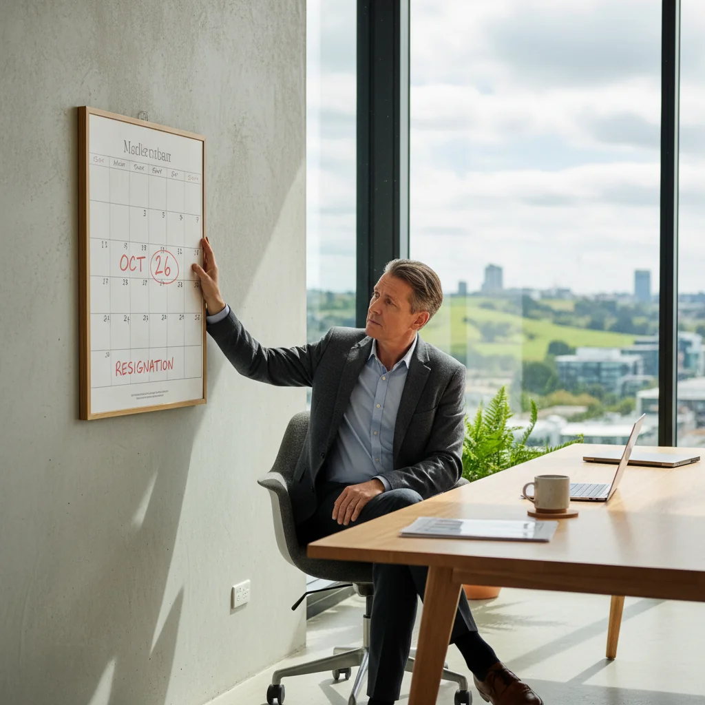 A photorealistic image of an adult professional in a modern New Zealand office setting, looking thoughtful while checking a calendar on their desk, symbolizing the contemplation of resignation and notice periods. The scene includes subtle Kiwi elements like a view of Auckland skyline through the window, no children present.