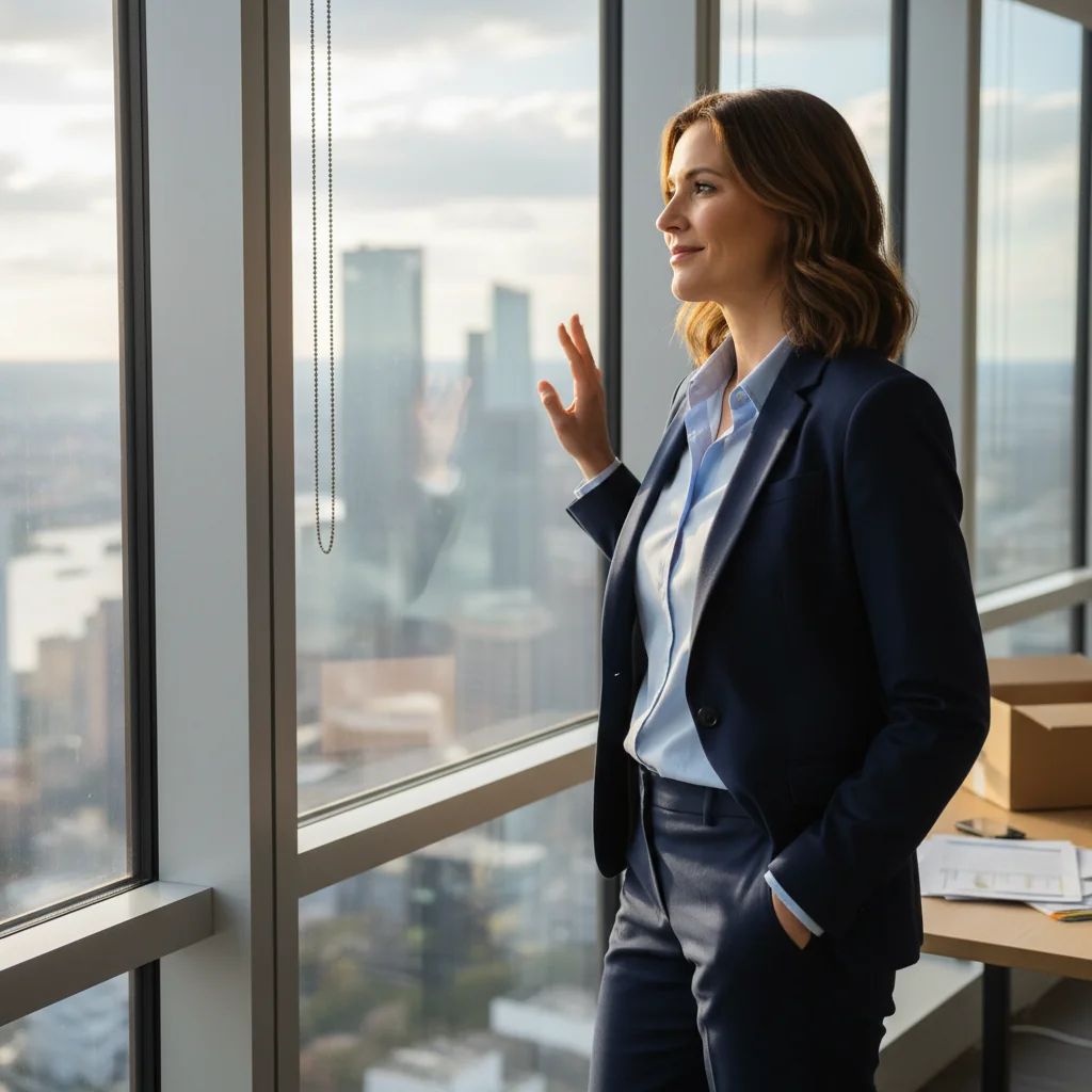 A photorealistic image of an adult professional in a modern office setting, looking relieved and empowered after deciding to resign from their job, symbolizing freedom and new beginnings from employment.