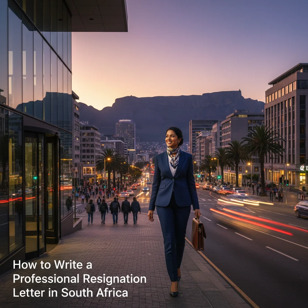 A photorealistic image depicting a professional adult in South Africa transitioning from one career phase to another, symbolizing resignation and new beginnings. Show a confident young adult professional walking away from a modern office building in a South African cityscape, carrying a briefcase, with a determined expression, looking towards a bright horizon at sunset. No children or any minors should be present in the image. The style must be entirely photorealistic, like a high-resolution photograph, with no graphics, drawings, cartoons, or illustrations.