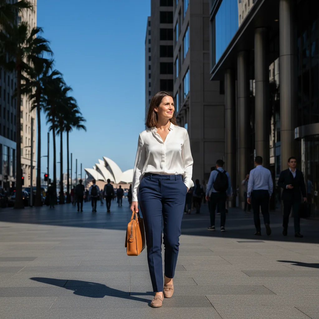 A photorealistic image of a professional adult woman in her mid-30s, dressed in business casual attire, walking confidently out of a modern office building in an Australian city setting during a sunny day. She carries a briefcase in one hand and smiles slightly, symbolizing a positive transition or new beginning after resigning from her job. The background includes typical urban elements like palm trees and the Sydney Opera House in the distance to evoke an Australian context. No children are present in the image.