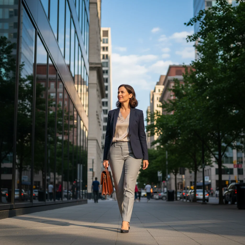A photorealistic image of a professional adult in their mid-30s, dressed in business casual attire, walking confidently away from a modern office building on a sunny day, symbolizing a graceful departure from a job, with a subtle smile of relief and empowerment on their face. The background shows a cityscape, emphasizing freedom and new beginnings. No children are present in the image.