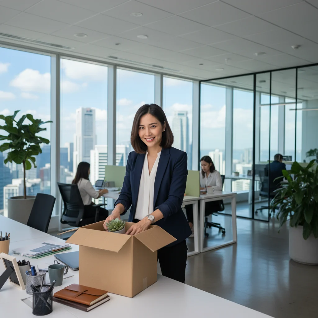 A photorealistic image of a young professional adult woman in a modern Singapore office setting, confidently packing her personal items into a box on her desk, symbolizing the transition of resigning from a job, with subtle Singapore skyline visible through the window in the background, conveying a sense of empowerment and new beginnings.
