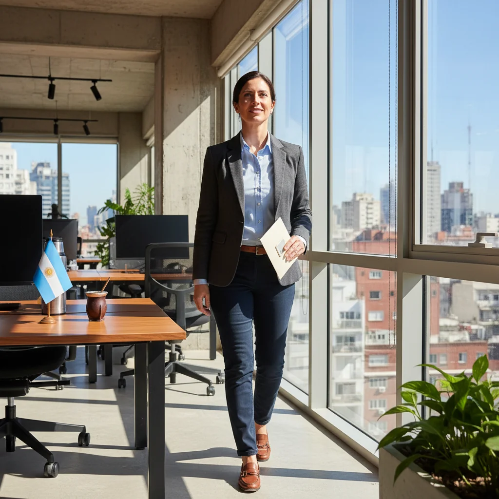 A photorealistic image of a professional adult in their late 20s to early 40s, standing confidently in a modern office environment in Argentina, symbolizing the moment of submitting a resignation letter. The person is dressed in business casual attire, holding a briefcase or folder subtly, with a determined expression on their face, looking towards a new opportunity. The background includes subtle Argentine elements like a flag or city skyline from Buenos Aires, evoking themes of rights, obligations, and career transition. No children are present in the image.